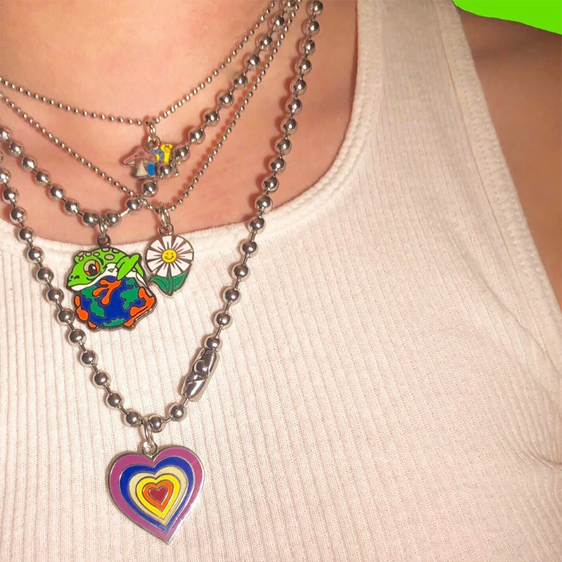 Y2K Rainbow Heart Mushroom Necklace For Women Metal Goth Butterfly Charms Vintage 90s Style Choker Necklace Jewelry Aesthetics
