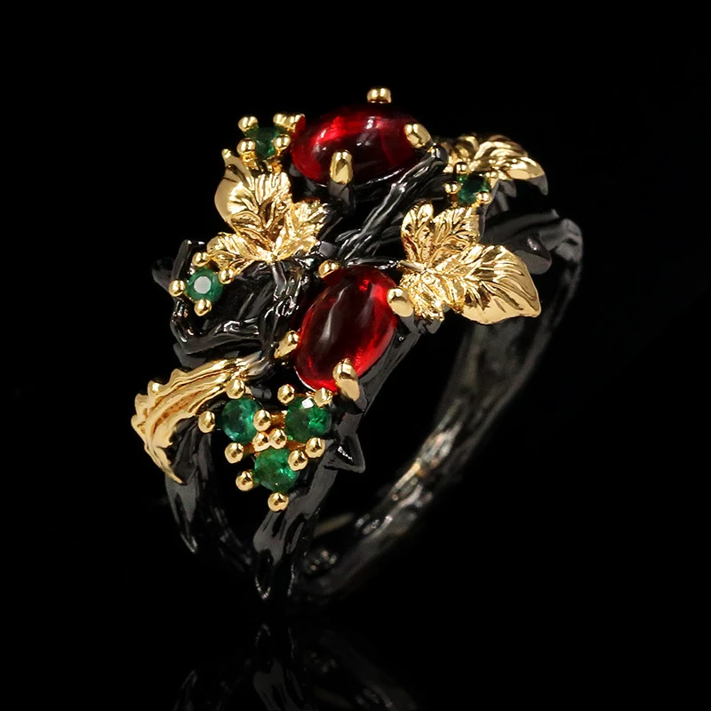 New Exquisite Leaf Flower Color Zircon Ladies Women's Ring Jewelry Black Gold Two-color Red Zircon Ring Ladies Ring
