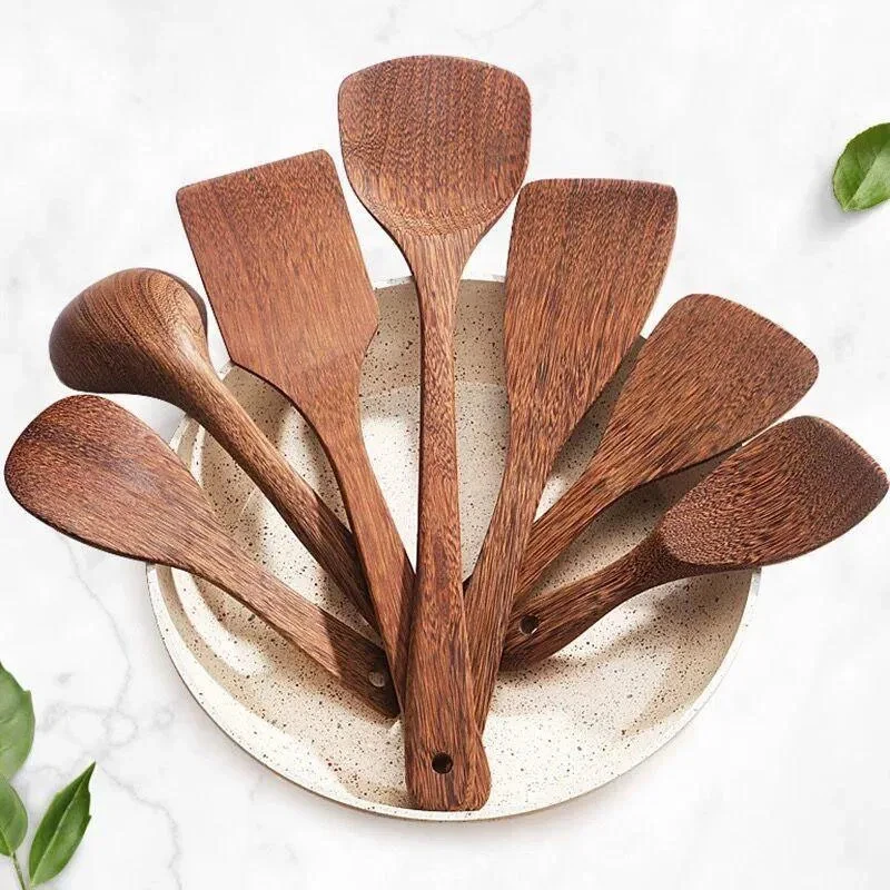 １／8pcs Thailand Teak Natural Wood Tableware Spoon Frying Pan Scoop Cooking Utensils Fried Shovel Spatula Kitchen Cooking Tool