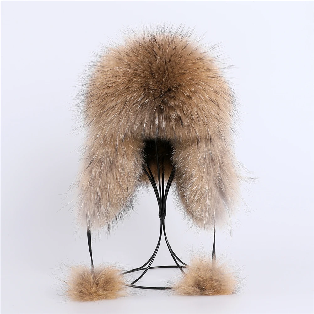 2020 100% Real Fox Fur Hat Women's Russian Ushanka Aviator trapper snow skiing Hat caps earflap winter raccoon fur Bomber hat