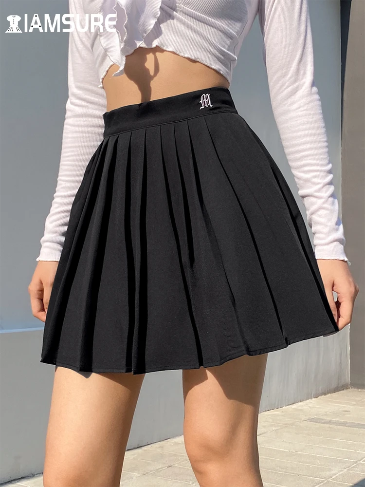 IAMSURE Preppy Style Casual Letter Embroidered 90s Pleated Skirt Korean Streetwear Fashion High Waist Mini Skirt For Women