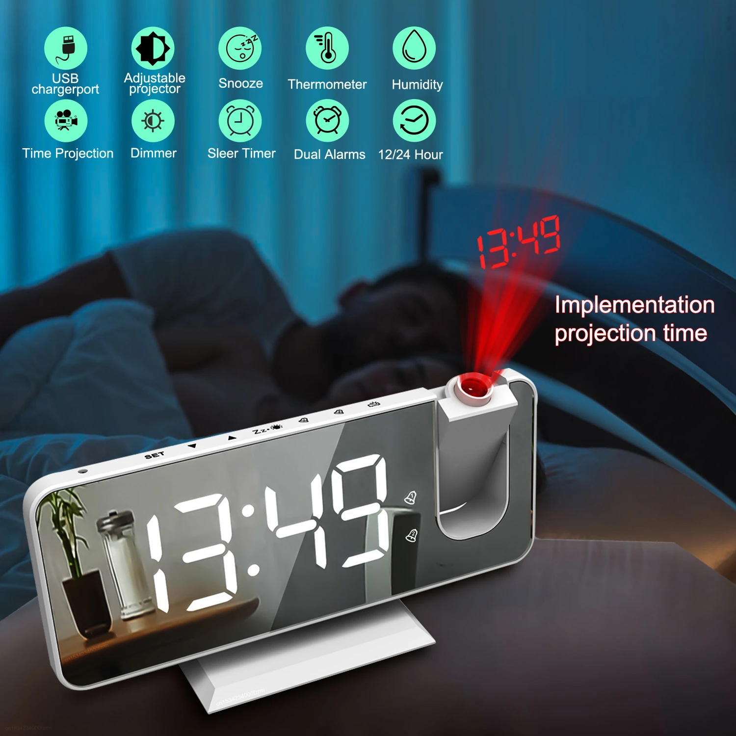 FM Radio LED Digital Smart Alarm Clock Watch Table Electronic Desktop Clocks USB Wake Up Clock with 180° Projection Time Snooze