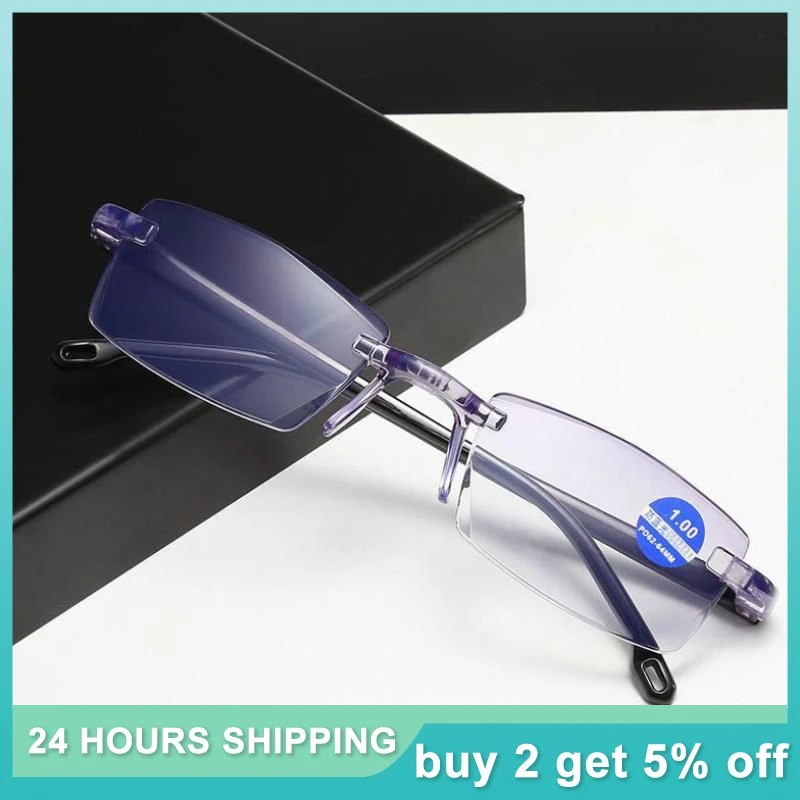 Fashion New Anti Blue Light Reading Eyeglasses Blocking Rimless Eyewear Anti-fall Presbyopic Glasses Diopter Dimond +1.0 To +4.0