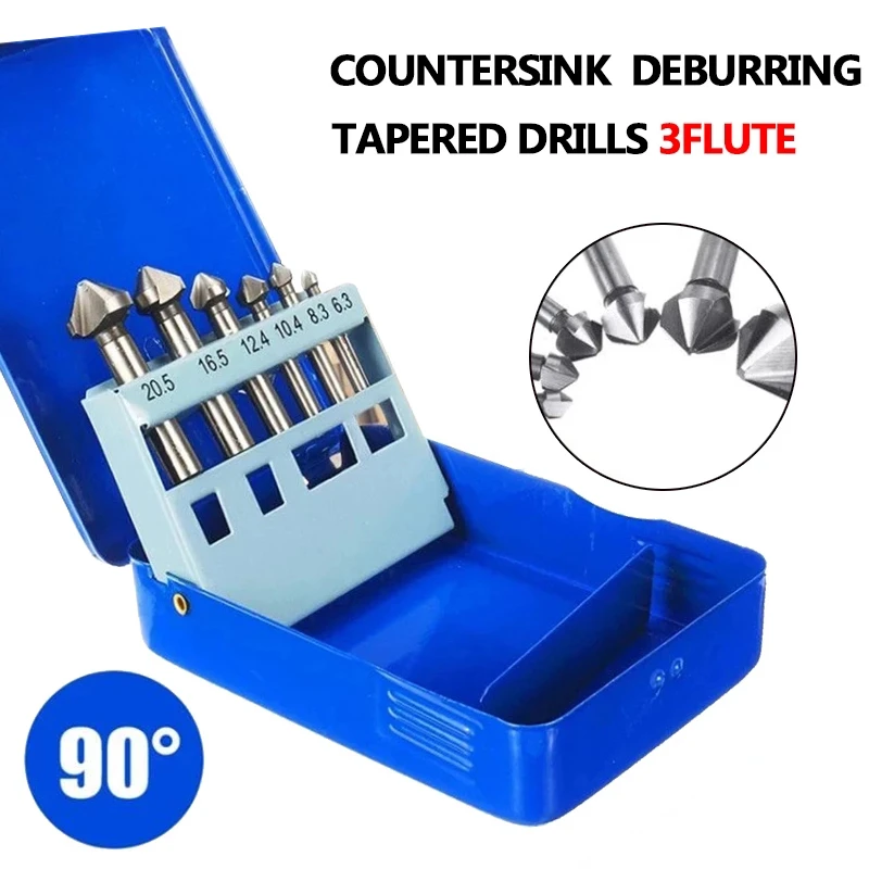 6Pcs 6.3-20.5mm Chamfering End Mill Cutter 3 Flute Round shank 90 Degree HSS Countersink Deburring Tapered Drill Bit