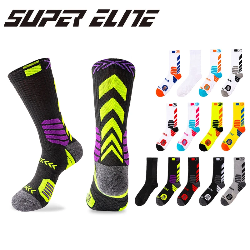 Men New Long-tube Elite Basketball Socks Contrast Color Towel Bottom Professional  Sports Socks Cotton Running Socks SKG007