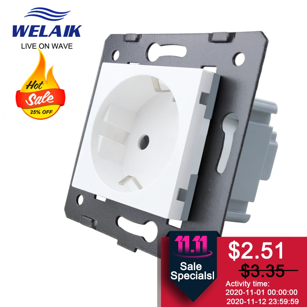 WELAIK EU European Standard  Russia Germany Safety 45*45mm Glass Panel Wall Power Socket Outlet DIY Parts Module 220V 16A A8EW