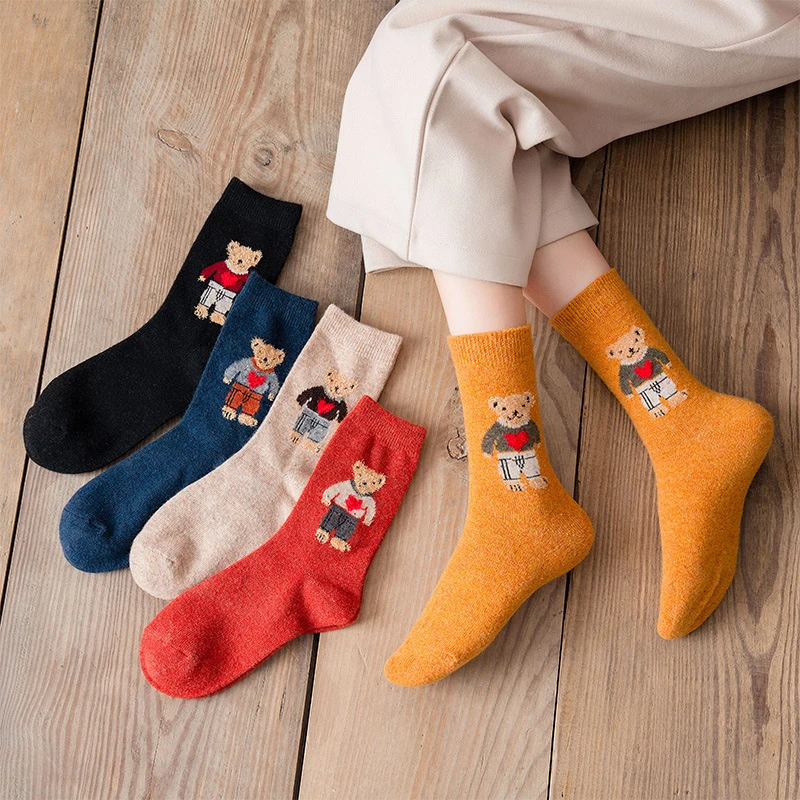 Autumn and Winter Warm Wool Woman Socks Japanese Cute Cartoon Bear Socks Women Harajuku Kawaii  Cute Socks