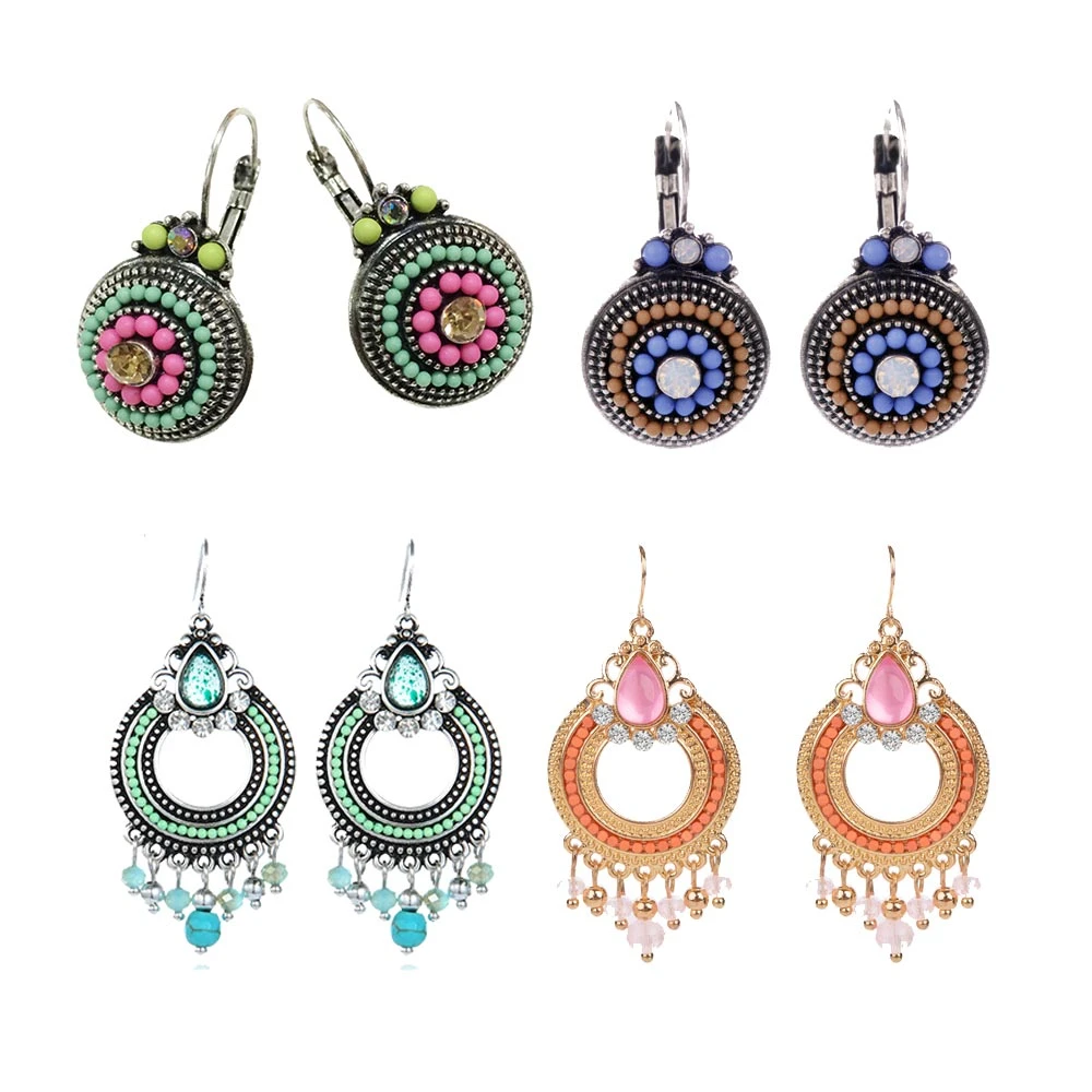 Shineland Vintage Trendy 2  Brincos Lady Ful Beads Charms Luckly Rhinestones Ethnic Clip On Earrings For Women Statement Jewelry