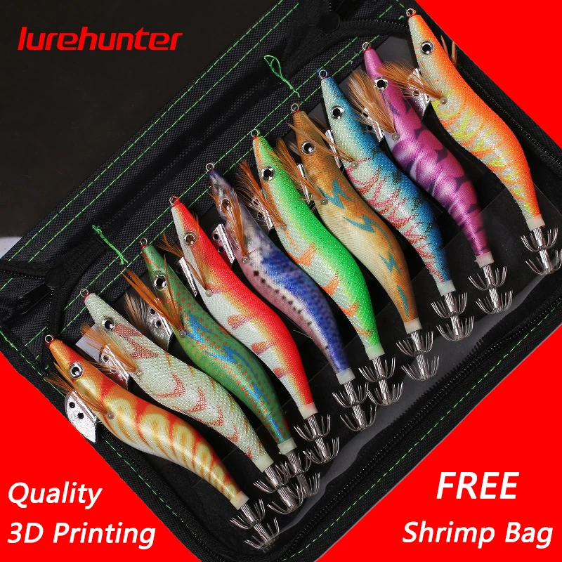 10PCS with Shrimp Bag 13.5cm/21g 3D Printing 3.5# Hook Luminous Squid Jig Fishing Wood Shrimp Lure Squid Cuttlefish Jigs Lures