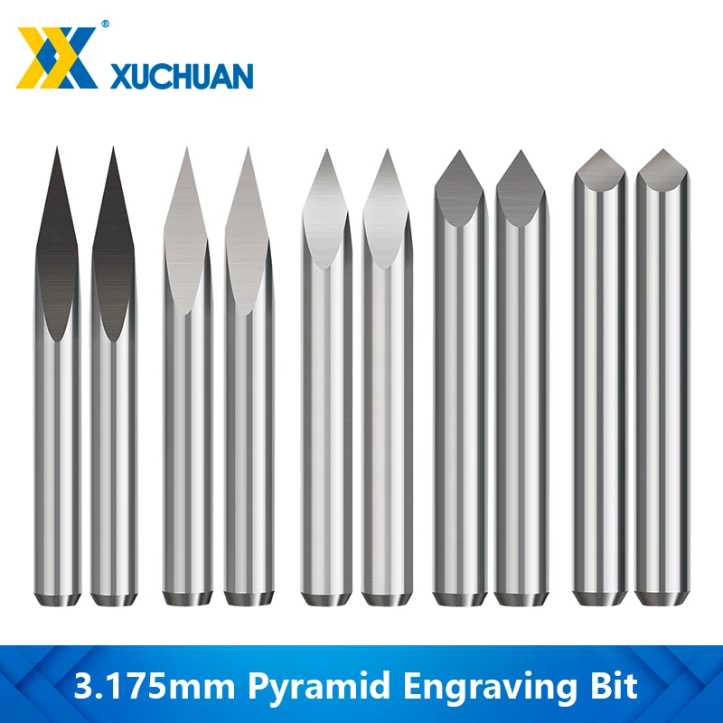 10pcs 3.175mm Shank 3 Edge PCB Engraving Bit Set  20/30/40/45/60/90 Degrees Tip 0.1 0.2 0.3mm Pyramid CNC Router Bit 3D Milling