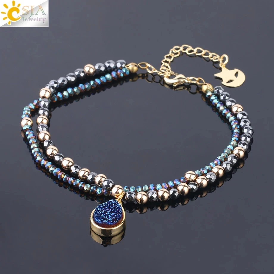 CSJA Natural Stone  Hematite Bracelets Geode Druzy Crystal Bracelet Summer Statement 2 Strand Beads Women Pulsera Jewelry S235