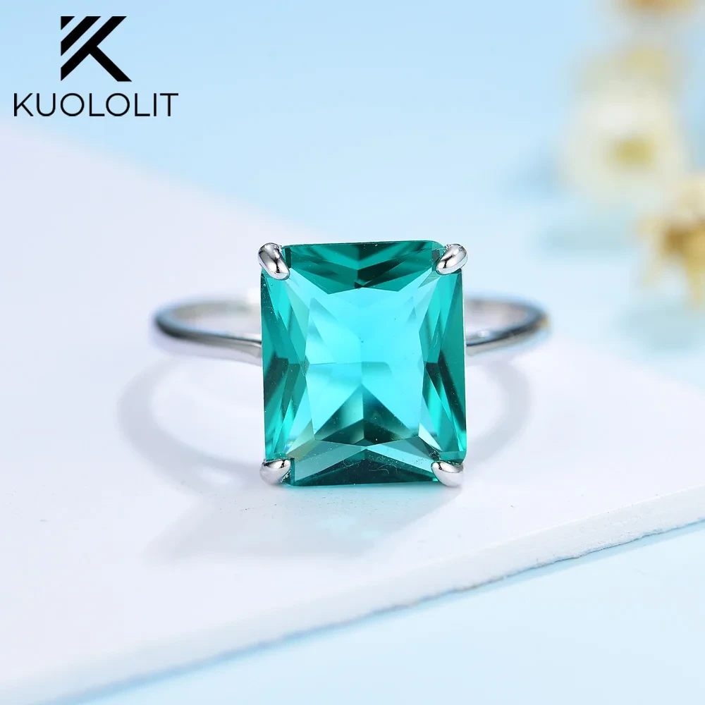 Kuololit Bezel Setting Ring for Women Solid 925 Sterling Silver Created Emerald Luxury Jewelry for Wedding Engagement Christmas