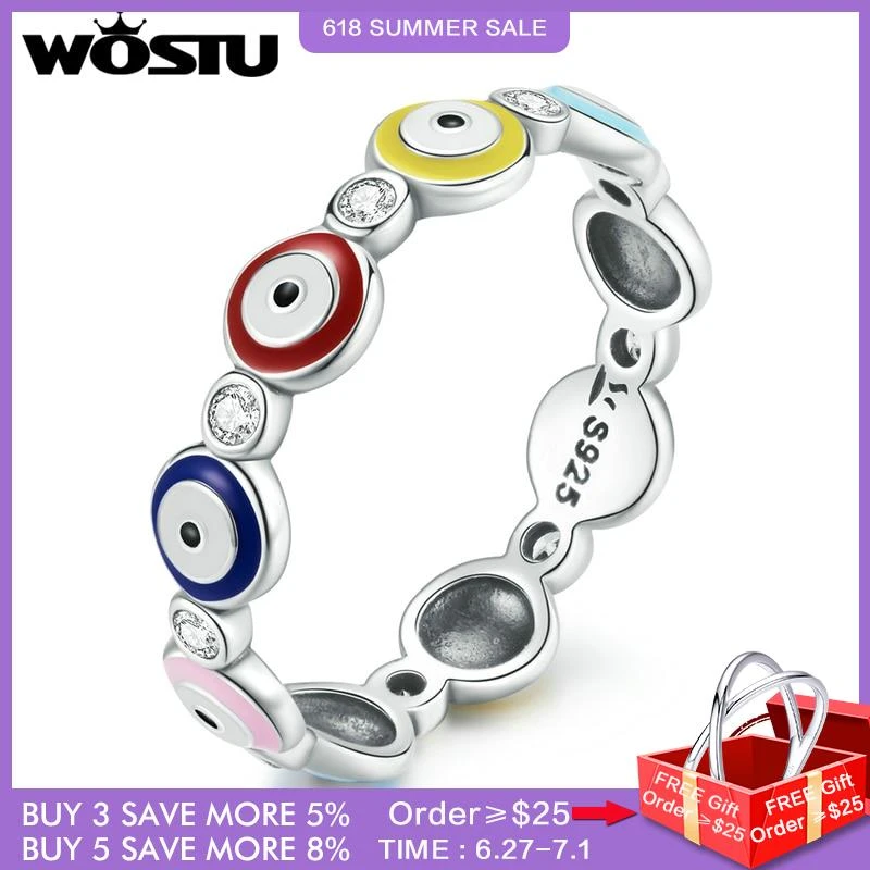 WOSTU 925 Sterling Silver Guardian Eye Ring Colorful Enamel Finger Ring For Women Fashion Silver Jewelry Gift CQR742