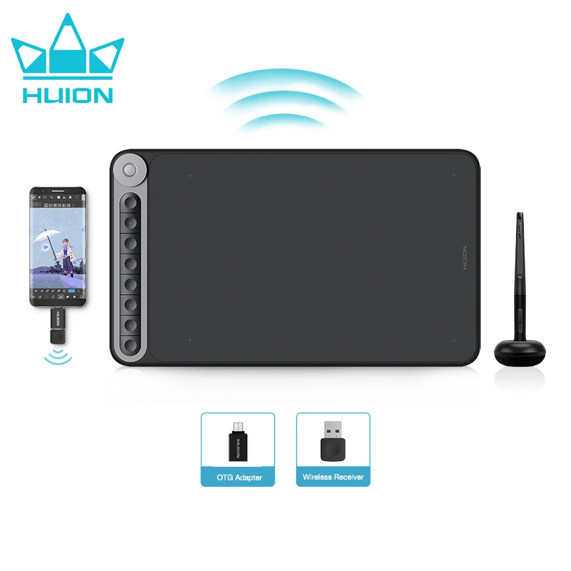 HUION Q620M Graphics Tablet Wireless USB Drawing Pen Tablet 8192 Levels Pressure Digital Stylus with Dial 8 Keys Support Android