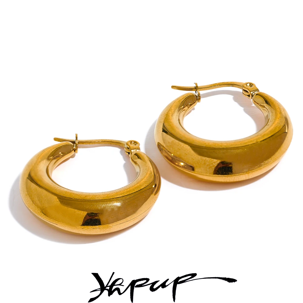 Yhpup Statement Stainless Steel Geometric Hoop Earrings Jewelry for Women Trendy Metal Texture 18 K Earrings Golden Accessories