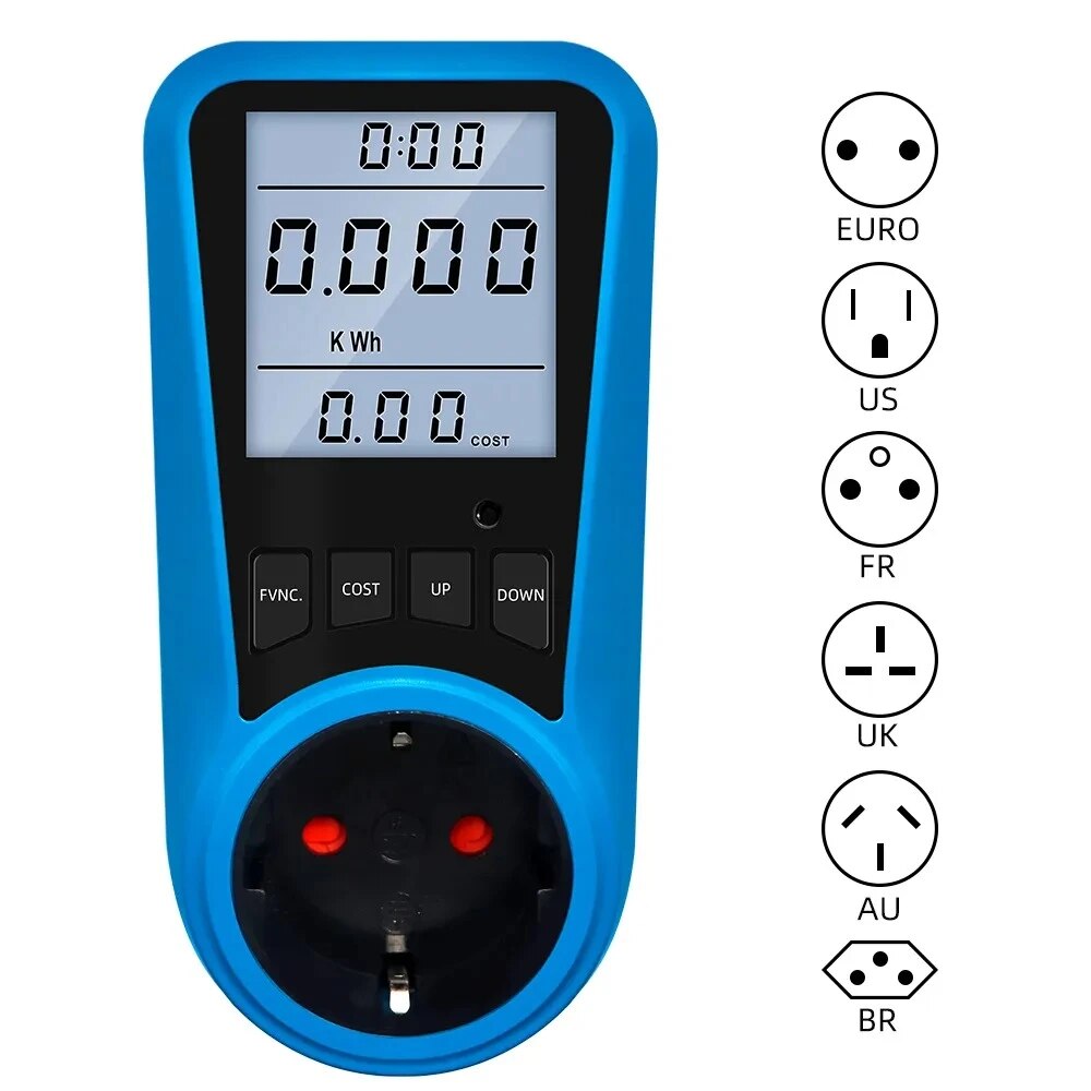 EU Plug Socket Digital Current Meter Voltmeter AC Power Meter Time Watt Power Energy Tester Wattmeter US UK AU FR BR IT Plug