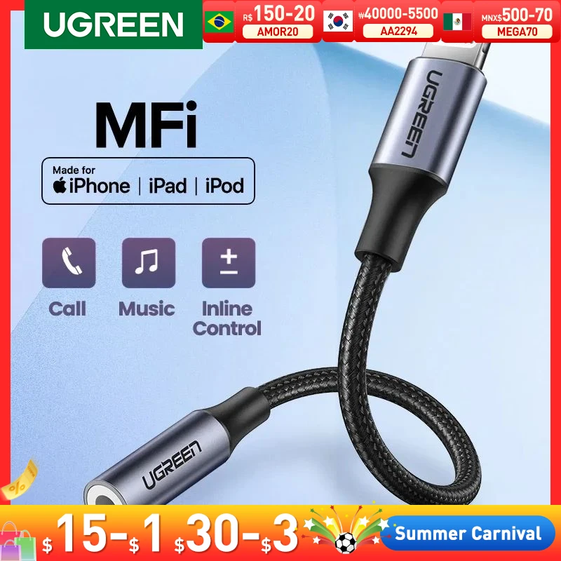 UGREEN MFi Lightning to 3.5mm Jack AUX Cable for iPhone 12 11 Pro X XS XR 8 7 3 Lightning 3.5 Headphones Audio Adapter Splitter