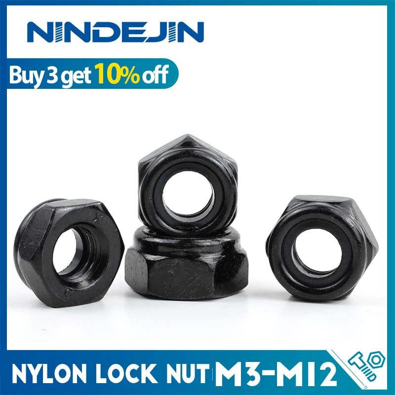 NINDEJIN black nylon lock nut 304 Stainless Steel zinc-plated Hex Hexagon self locking nut M3 M4 M5 M6 M8 M10 M12 lock nut