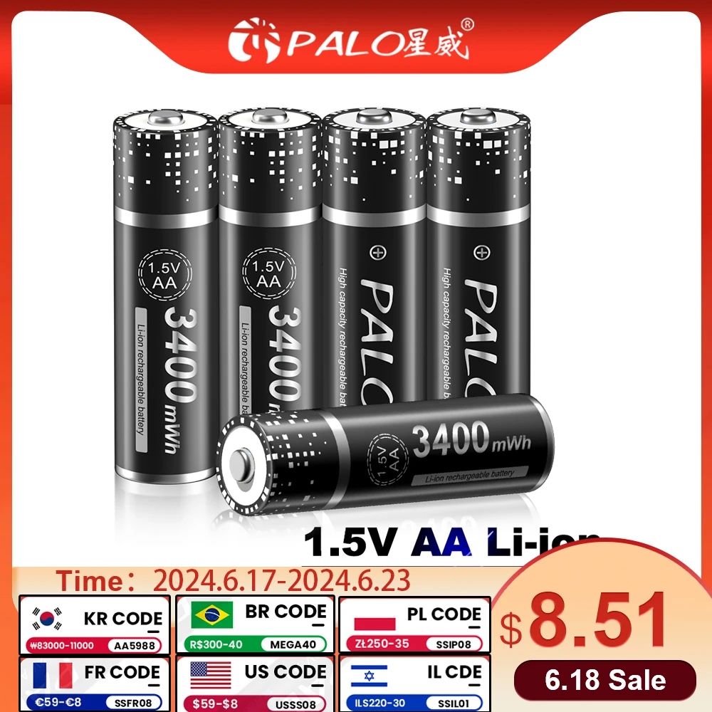 PALO AA 1.5 V Li-ion Rechargeable battery 1.5V AA lithium battery 2800 mWh AA batteries for Clocks, mice, computers, toys so on