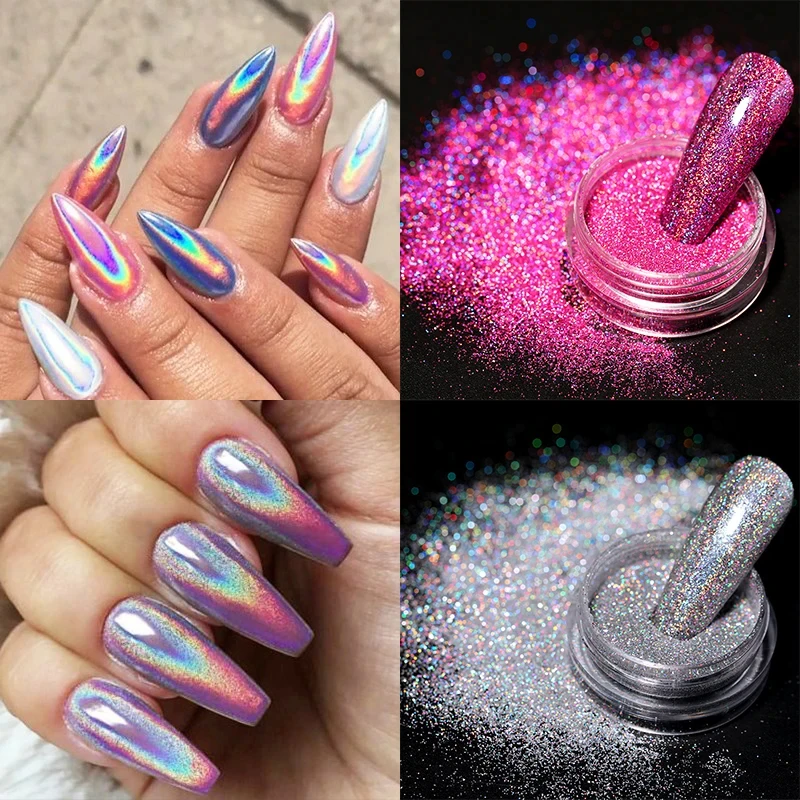 1 Box Nail Glitter Powder iridescent Silver Pigment Nail Art Dust sparkle Gel Polish Flakes for Manicures Decorations