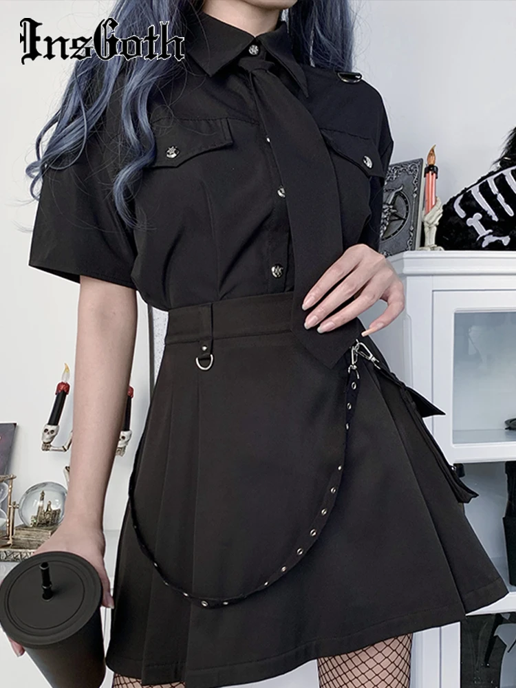 InsGoth Harajuku Punk Gothic Black High Waist Black Skirts Women Sexy Patchwork Bandage Mini Skirt Female Streetwear Summer Chie