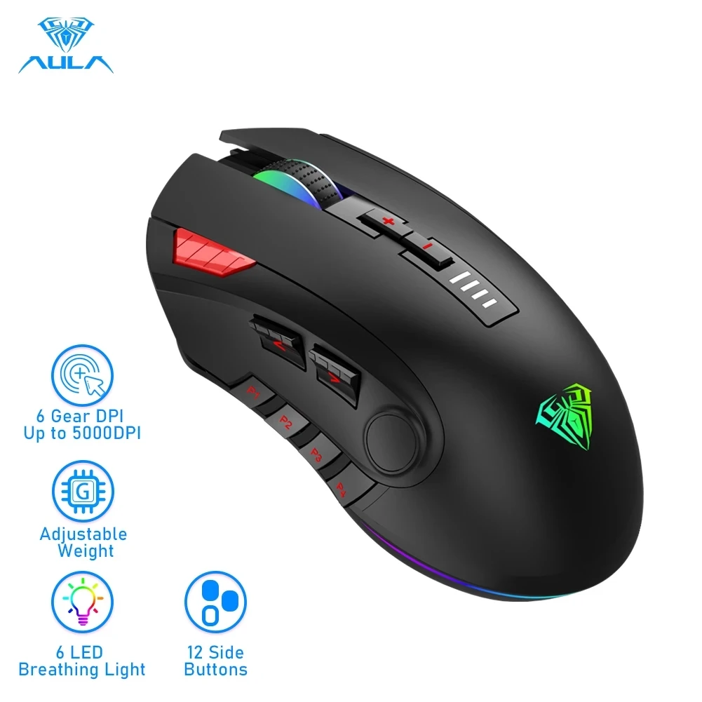 AULA H512 RGB Backlight Gaming Mouse 12 Buttons Programming 5000 DPI Optical USB Wired Mouse with Fire Keys for Laptop Desktop