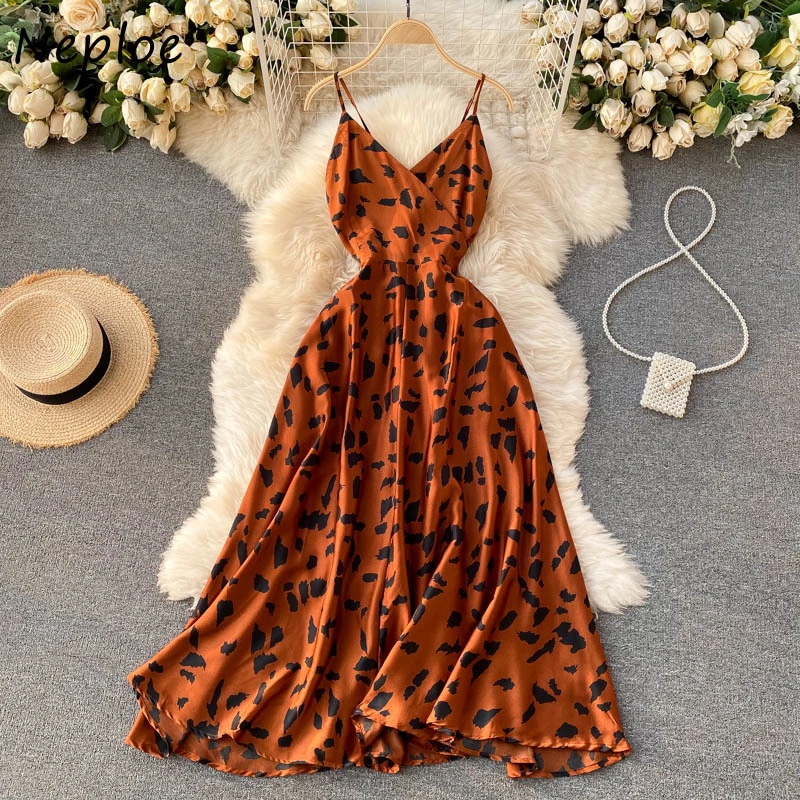 Neploe Vintage Print Holiday Long Dress Women High Waist Hip A Line Vestidos Summer 2021 New V Neck Sleeveless Camis Robe Slim