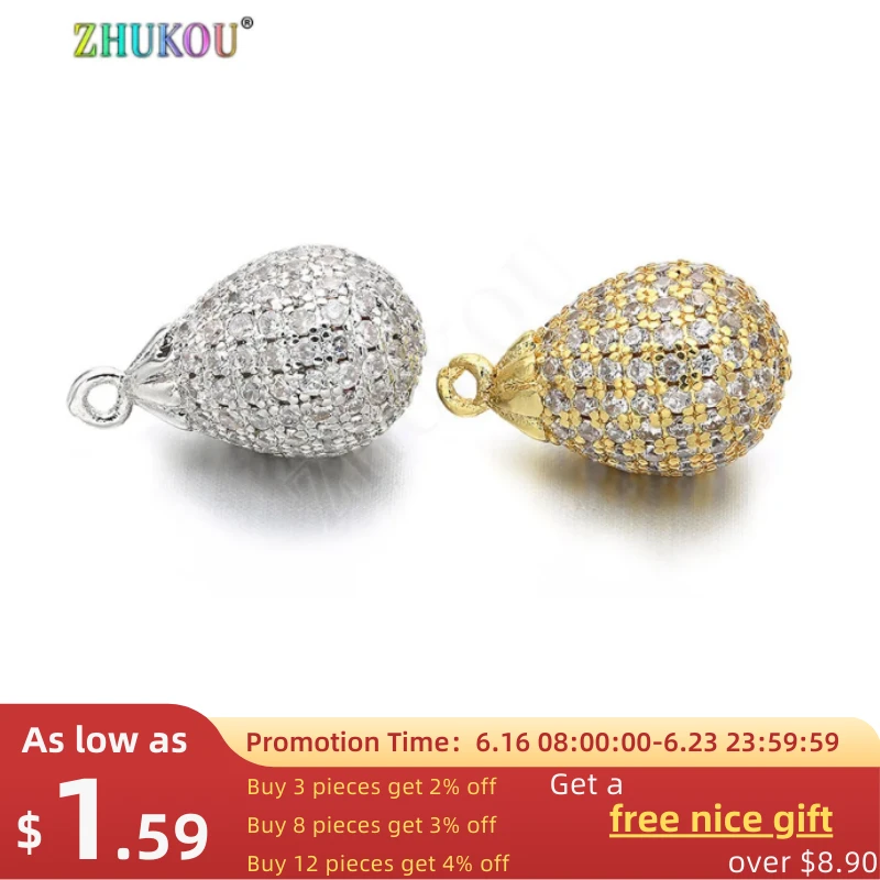 10*16mmNew Fashion Brass Cubic Zirconia Charms Pendants Water Drop Shape Diy Jewelry Findings,  Hole: 1mm, Model: VD374