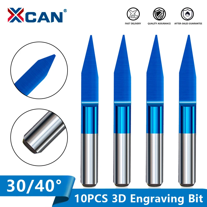 XCAN  V Shape Milling Cutter 10pcs Blue Coated Flat Bottom Carbide PCB Engraving Bits 45/60/90 Degrees CNC Router Cutter