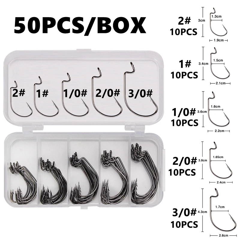 Crank Fishing Hook Set For Soft Bait Worm 50 PCS Worm Fishing Hook Clamp Wide Gap Crank High Carbon Steel Crank Barbed Hook