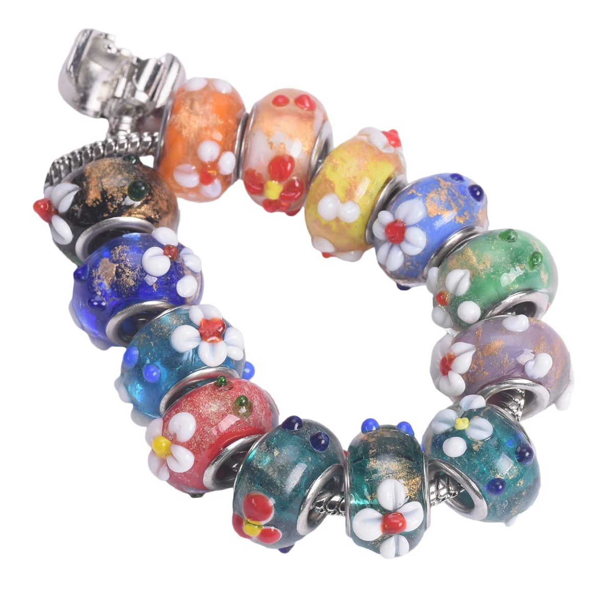 10pcs 15x9mm Round European Flower Charms Murano Lampwork Glass Big Hole Beads for Jewelry Making Bracelet DIY 1#~43#