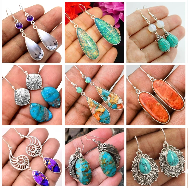 Bohemia Vintage Long Drop Earring For Women Boho Jewelry Ethnic Natural Blue Turquoises Stone Earrings Pendientes Z5C257