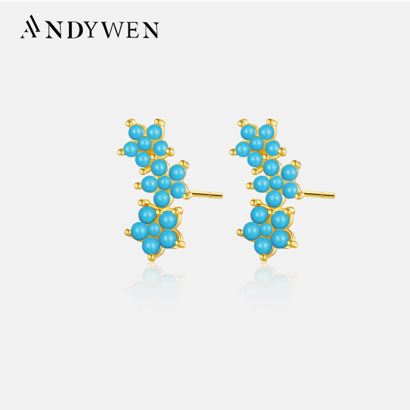 ANDYWEN 925 Sterling Silver Three Flower Stud Earring Piercing Ohrringe Luxury Women Fashion Crystal Luxury Jewelry For Wedding