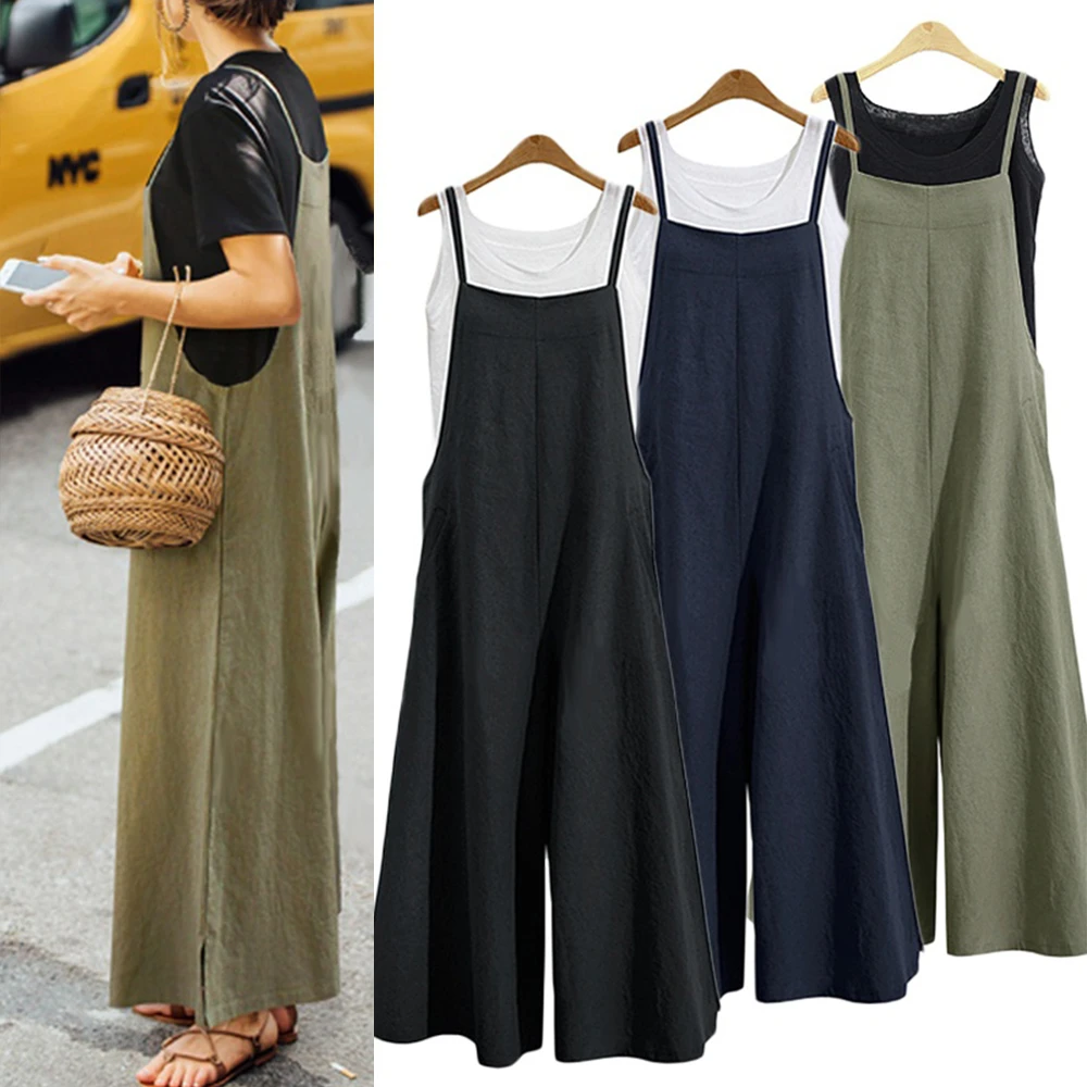 Women Casual Loose Jumpsuit Summer Solid Strap Wide Leg Pants Dungaree Bib Overalls Sleeveless Oversized Cotton Linen Jumpsuits