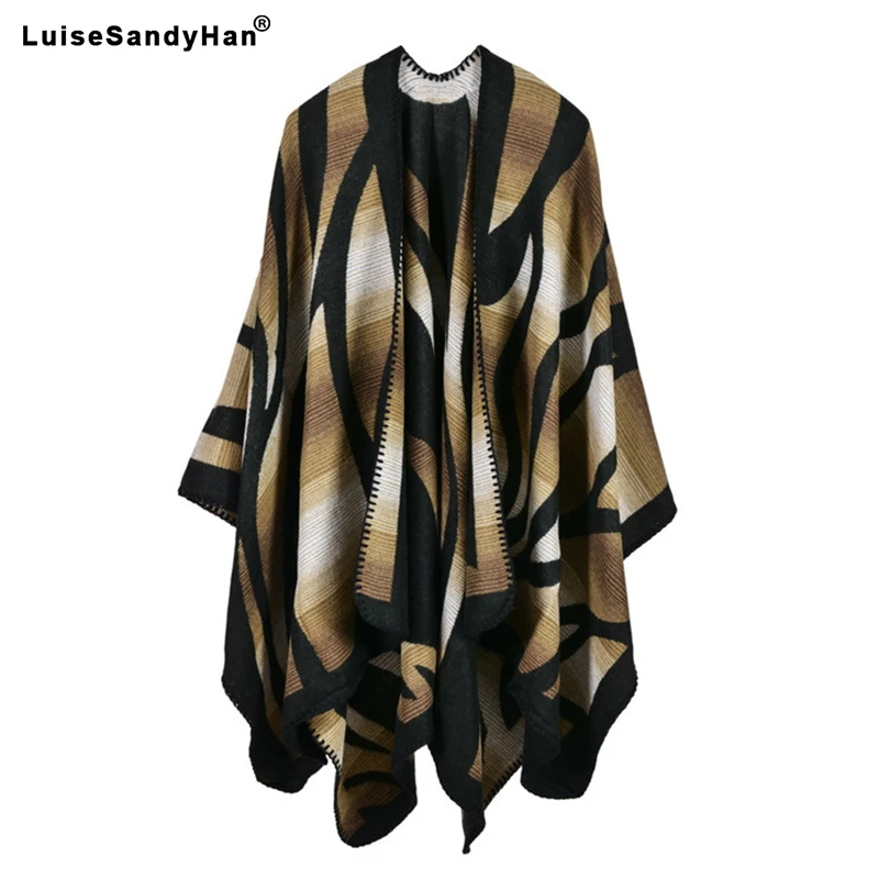 Oversize Deversible Women Winter Knitted Cashmere Poncho Capes Shawl Cardigans Sweater Coat