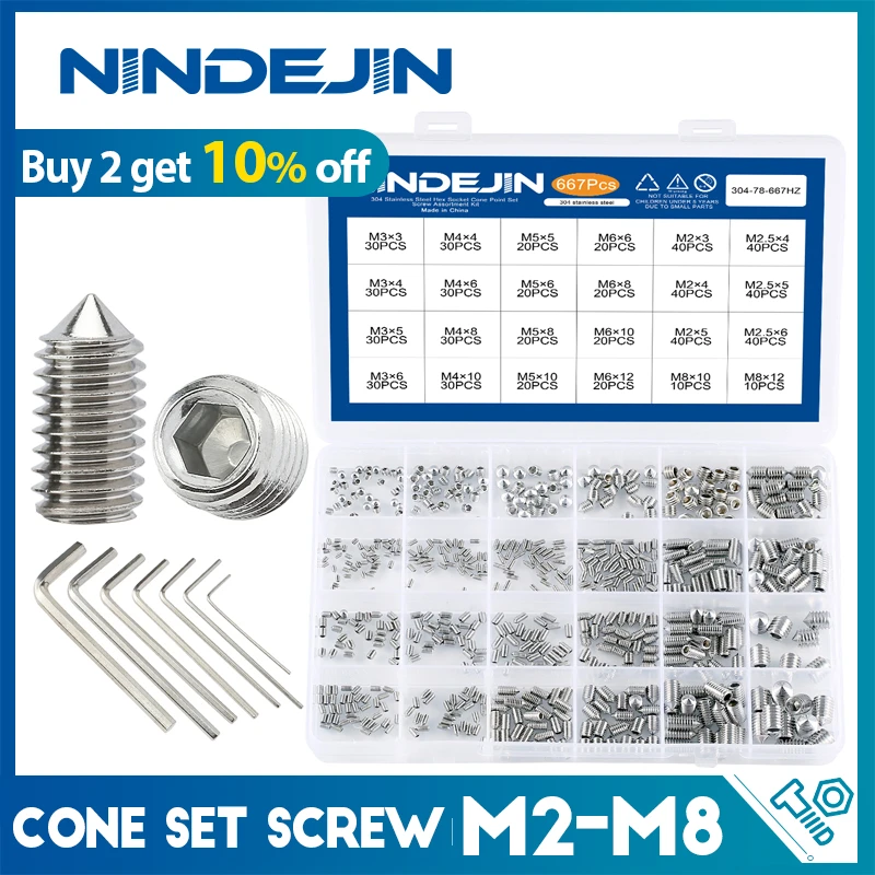 382/667pcs Hex hexagon socket cone point set screw assortment kit M2 M2.5 M3 M4 M5 M6 M8 stainless steel grub screw with hex key