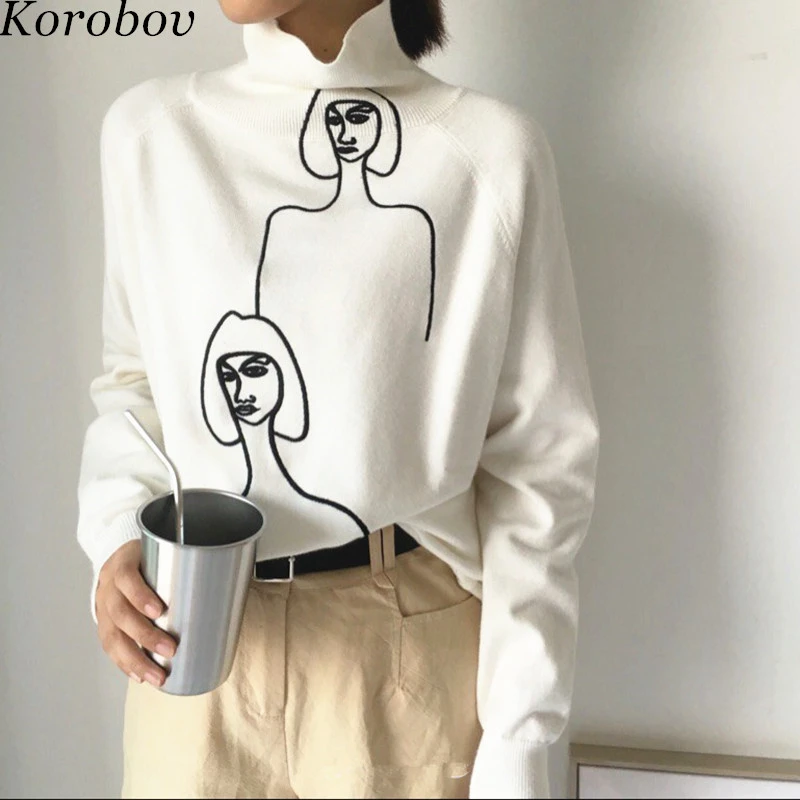 Korobov Korean Women 2021 New Sweaters Cartoon Embroidery Female Jumper Long Sleeve Pullover Turtleneck Mujer Sueter 76271