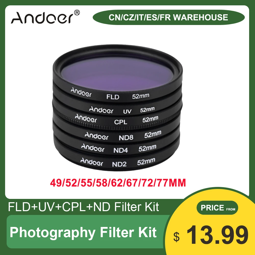 Andoer UV+CPL+FLD+ND(ND2 ND4 ND8) Photography Filter Kit Set  for Nikon Canon Sony Pentax DSLRs 52mm/49/55/58mm/62/67/72/77mm