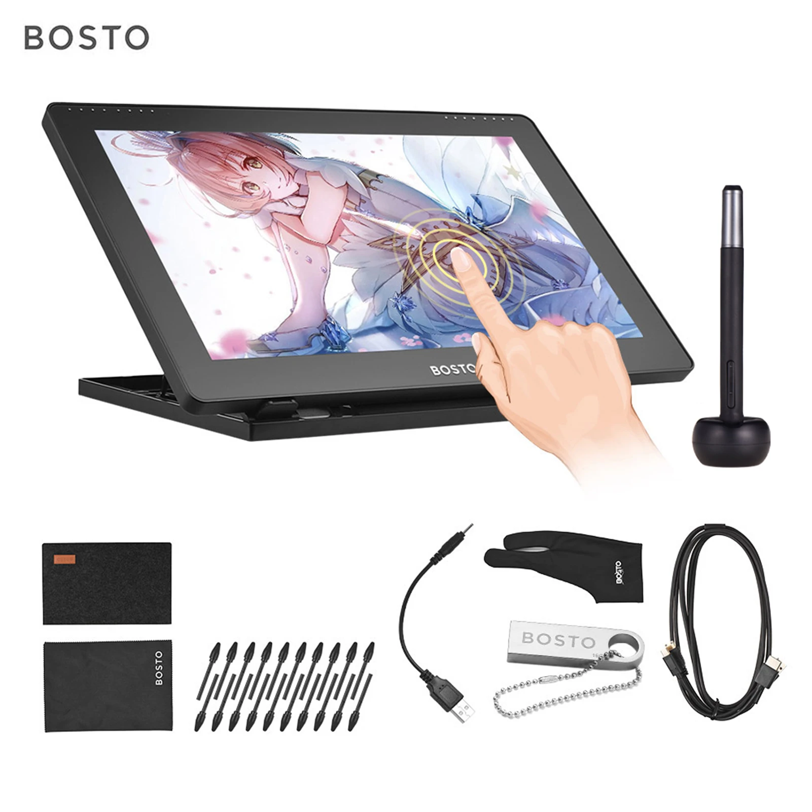 BOSTO 16HD IPS HD Graphics Drawing Digital Tablet Monitor Pen Display with 8 Shortcut Keys & 8192 levels Rechargeable Stylus Pen