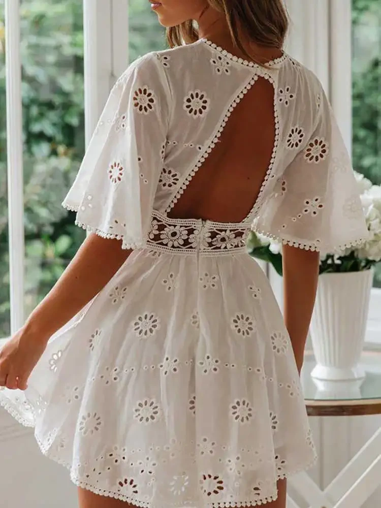 Flare sleeve cotton white lace dress Women casual ladies dress Summer high waist short dress backless vestidos hollow out dress