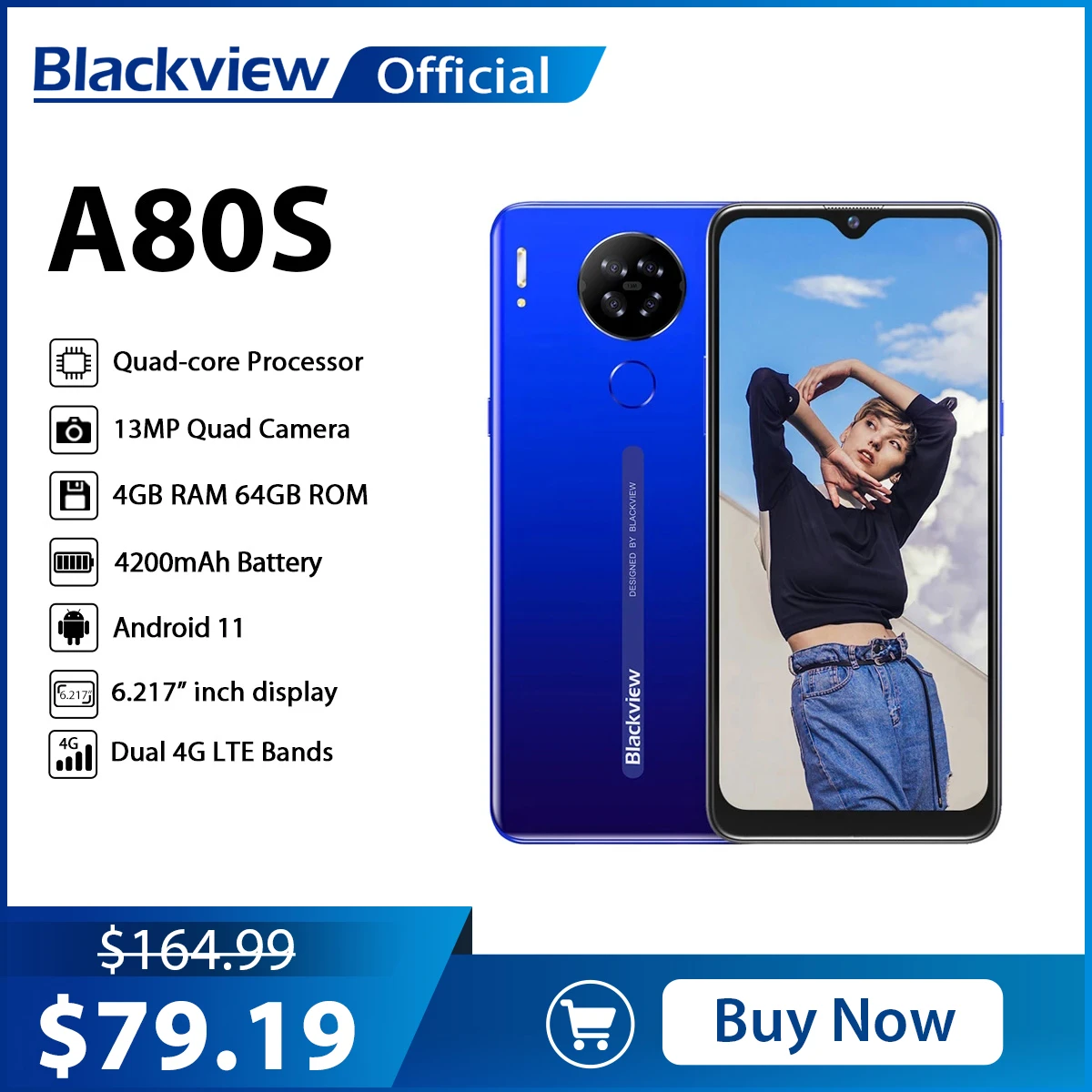 Blackview A80s 4GB+64GB Smartphone 13MP Quad Camera 4200mAh Android 10 Octa Core Face ID 4G Mobile Phone Fingerprint Telephone