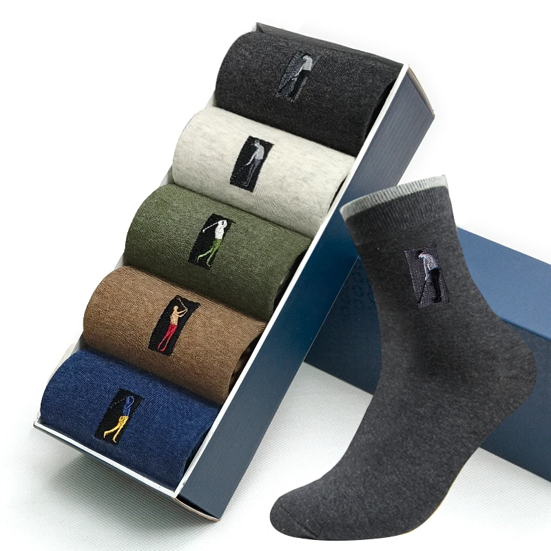5 pairs High Quality Embroidery Men's Cotton Socks For Male  Business Brand Deodorant Dress socks men's Outdoor Baseball Socks