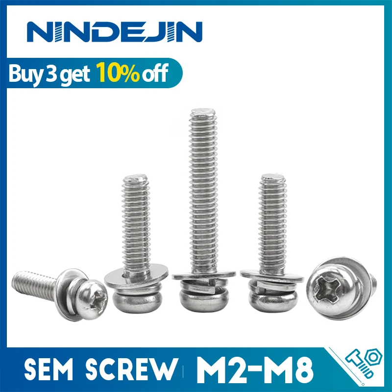 NINDEJIN Cross Recessed Pan Head Screw with Washer Stainless Steel M2 M3 M4 M5 M6 M8 Three Combination Machine sems screw
