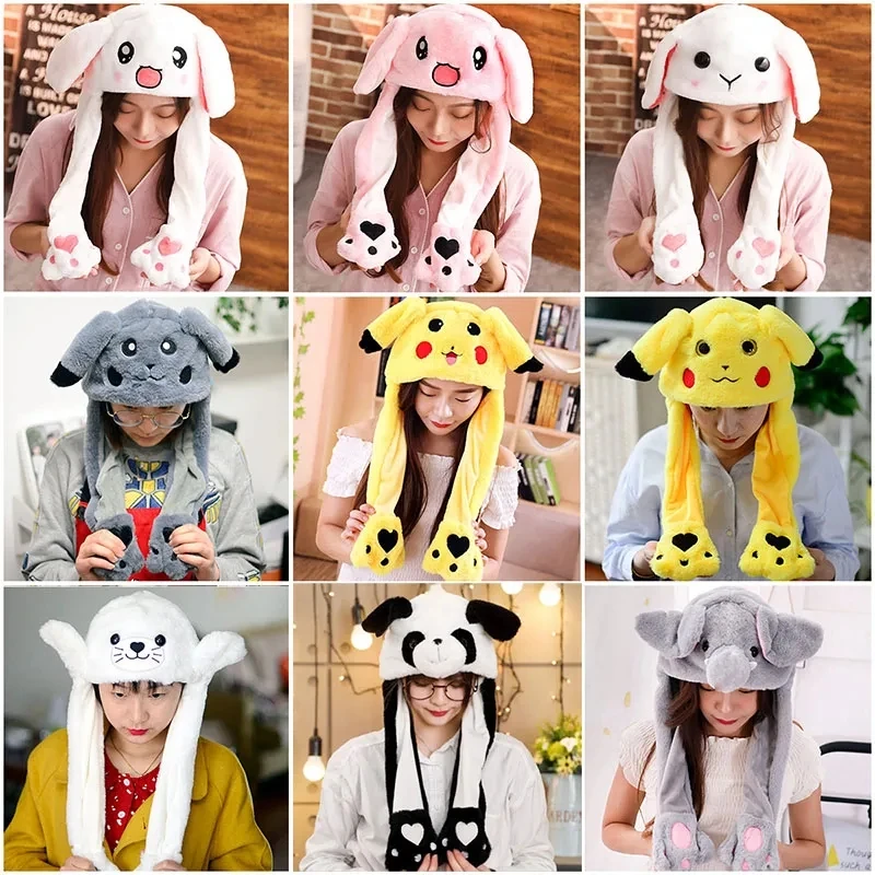 Cute Bunny Ears Hat Moving Airbag Rabbit Soft Jumping Up Cap Funny Toy Girls Cartoon Kawaii Plush Hat Toys Gift for Adult Kids