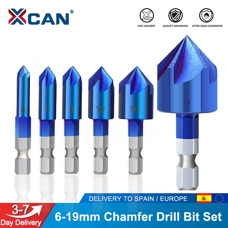 XCAN 5 Flutes Chamfer Drill Bit Set 6pcs 6-19mm 90 Degrees HSS Chamfering Cutter Nano Blue Coated Countersink Drill Bit