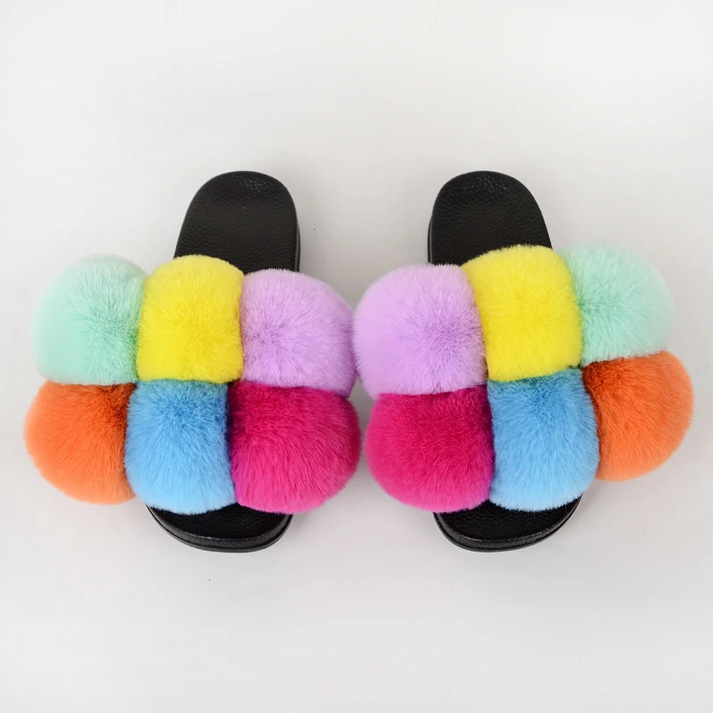 Summer Women Slippers Faux Fur Slides For Women Fluffy Slippers House Female Shoes Woman Slippers With Fur Pom Pon Furry Slides