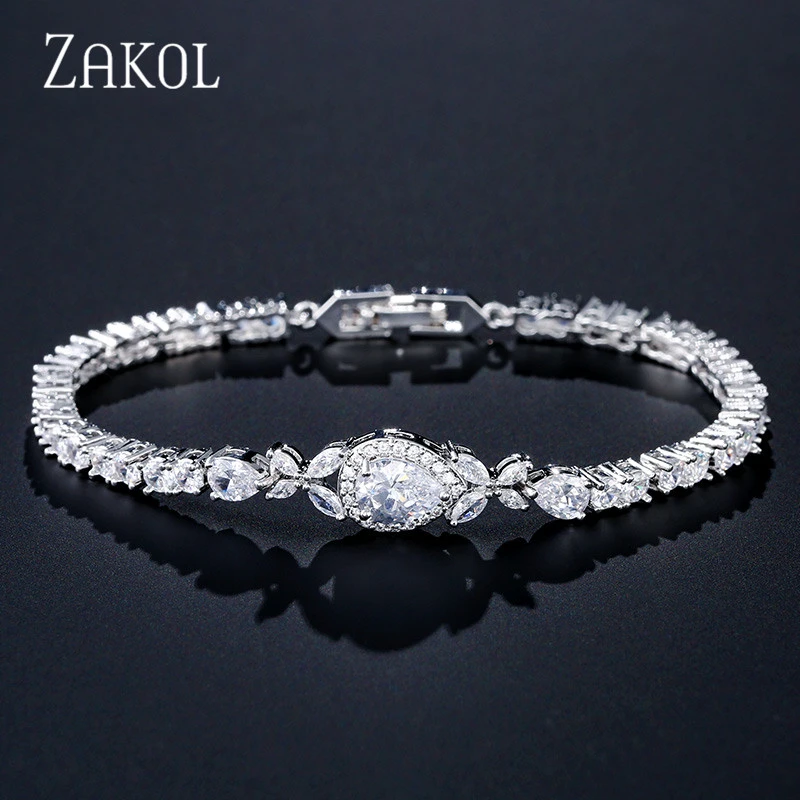 ZAKOL Fashion Water Drop Cubic Zirconia Chain Link Bracelets & Bangles for Women Wedding Jewelry Accessories Wholesale FSBP2046