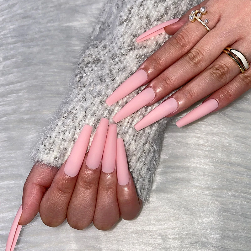 24pcs/box matte False Nail Tips With Glue pink color long Ballerina Nails detachable  Press on Nails Art Fake nails Stickers TY