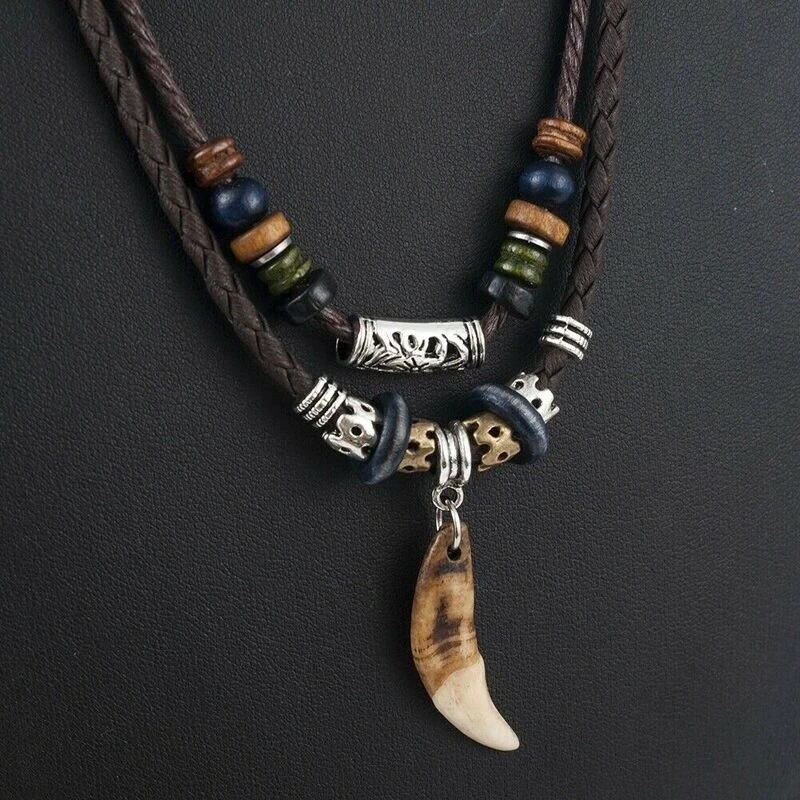 Vintage Men's Wolf Tooth Pendant Leather Beaded Weaved Prayer Necklace Jewelry