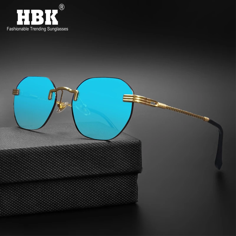 HBK Blue MIRROR Frameless Gold Metal Ladies Sunglasses Men Rimless Brown Sun Glasses For Women Fashion Shades Cutting Eyeglass